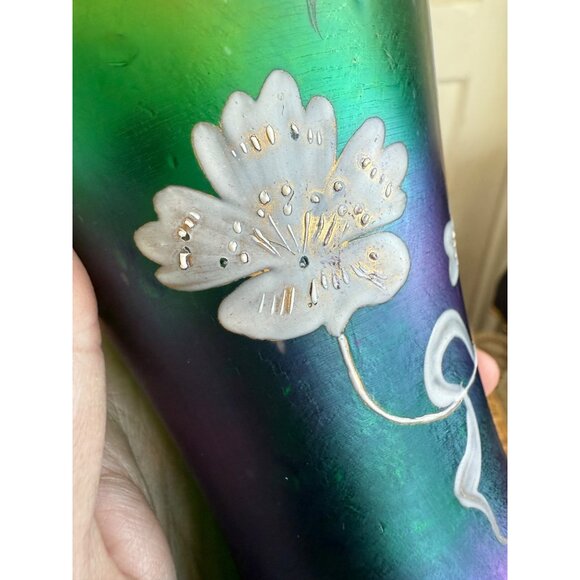 Antique 1910 Poschinger Nouveau Bohemian Green Purple Glass Vase - Picture 9 of 16